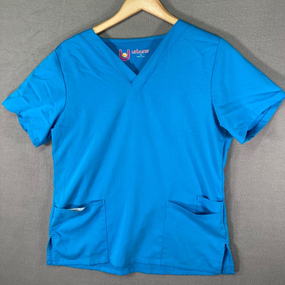 Urbane Scrubs Top, Small, Blue V-Neck, Short‎ Sleeve, Two Pockets, Women's